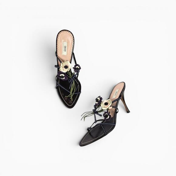 Prada Shoes - Vintage Prada Heels Leather Flower Mules Y2k - Size 37 (7)